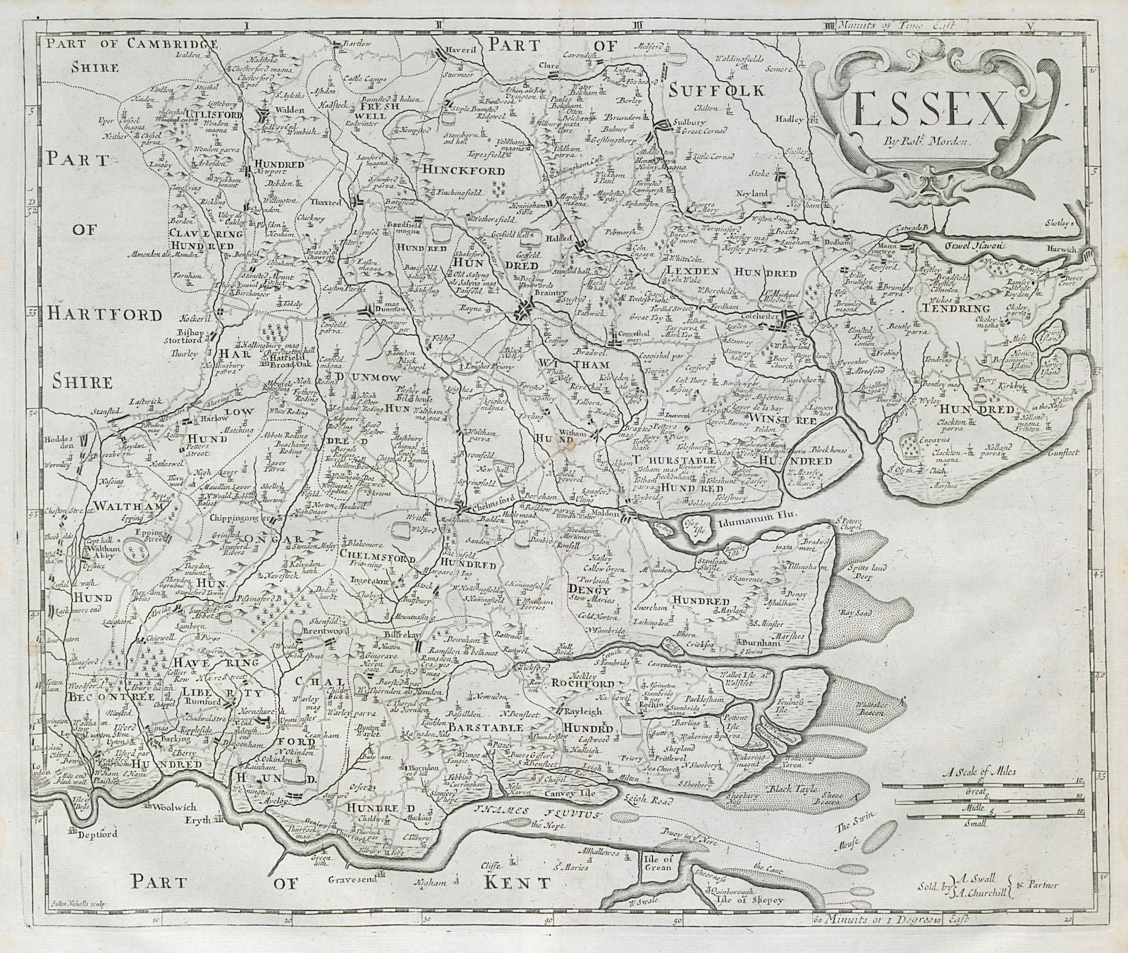 Essex by ROBERT MORDEN from Camden's Britannia 1722 old antique map plan chart